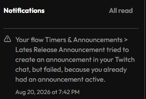 A real notification, naming the Folder and Flow it came from: a flow's chat announcement failed because another announcement was already active