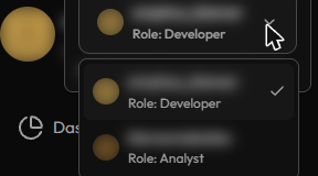 The account switcher, open from the sidebar profile picture — every account you can act on, each with its role, and a checkmark on whichever one you're currently in