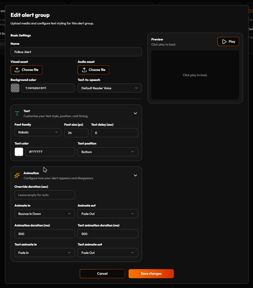 The alert group editor — Text styling (font, size, color, position, delay) and Animation (animate in/out, durations, override duration) as their own collapsible sections