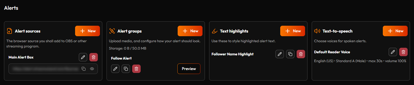 The Alerts page's four cards: Alert sources, Alert groups, Text highlights, and Text-to-speech — each with its own New button