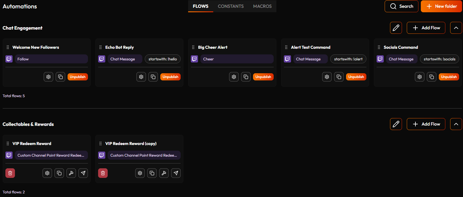 The Automations page with two Folders — Chat Engagement and Collectables & Rewards — each managed independently, with Search top-right