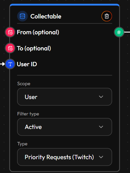 The Collectable node: From and To (optional) and User ID inputs, Scope set to User, Filter type Active, Type Priority Requests (Twitch), and a number output