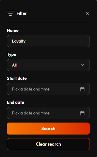 The Collectables page's Search filter: Name, Type, Start date, and End date, with Search and Clear search buttons