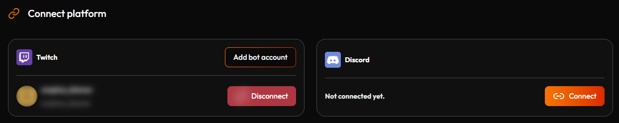 The Connect Platforms screen, showing a connected Twitch account and an unconnected Discord