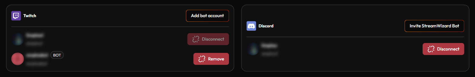 Connect Platforms: a Twitch card with a connected account, a bot account and the Add bot account button, and a Discord card with a connected account and the Invite StreamWizard Bot button