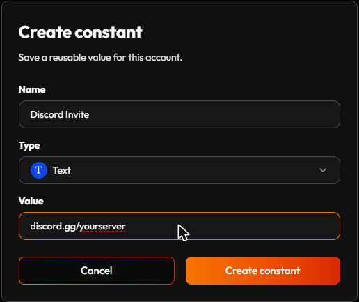 The New constant form, filled in with the running example: Name "Discord Invite", Type Text, Value a Discord invite link