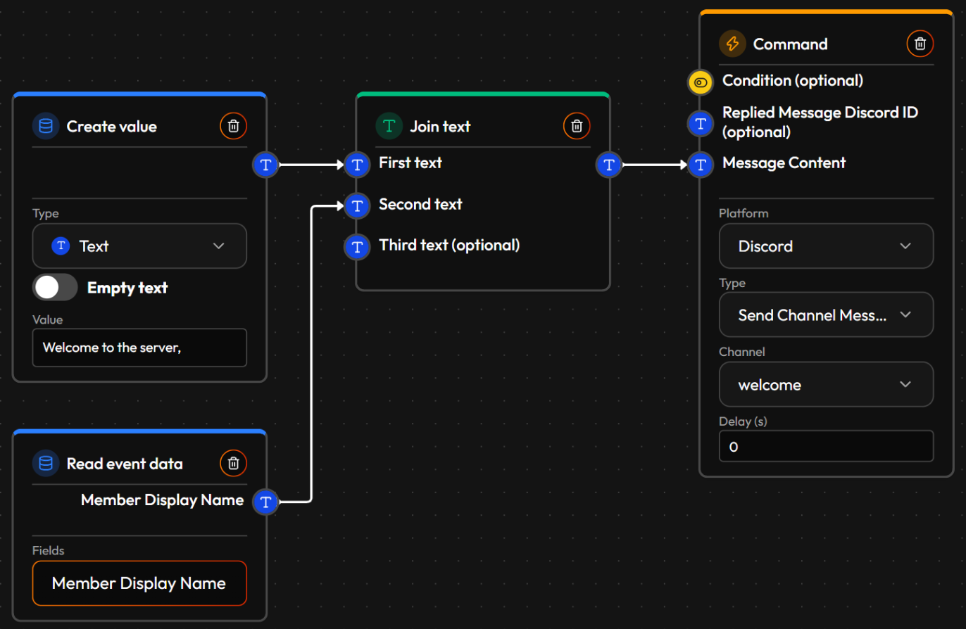 A Flow on Discord Member Joined: a Create value node holds "Welcome to the server, ", Read event data reads the Member Display Name, Join text glues them together and Send Channel Message posts it in the chosen channel