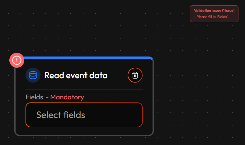 A Read event data node with no Fields picked: the Fields box outlined in red with "- Mandatory" next to its name, a red badge on the node, and a Validation issues panel listing the problem