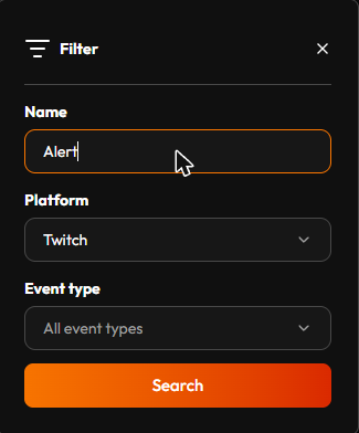 The Automations page's Search filter: Name, Platform, and Event type, with Search and Clear search buttons