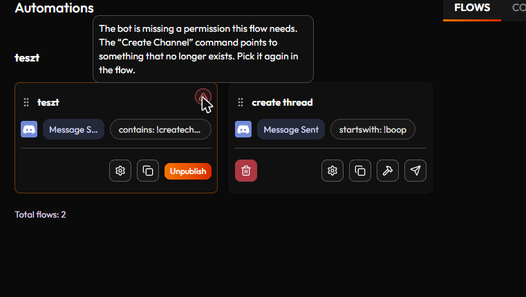 A published Flow card with a red warning icon in the corner, and the hover text explaining what is missing