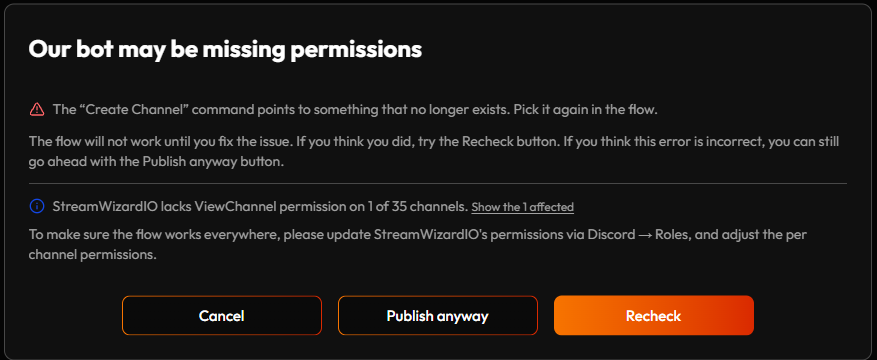 The publish dialog: a red line for something that will not work, a blue line as a heads-up, and the Cancel, Publish anyway and Recheck buttons