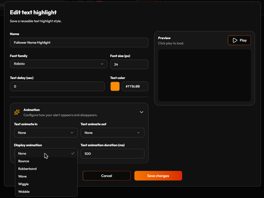 The text highlight editor, with the Display animation dropdown open — None, Bounce, Rubberband, Wave, Wiggle, Wobble — and a live "Preview: Lorem Ipsum" sample in the highlight's own color