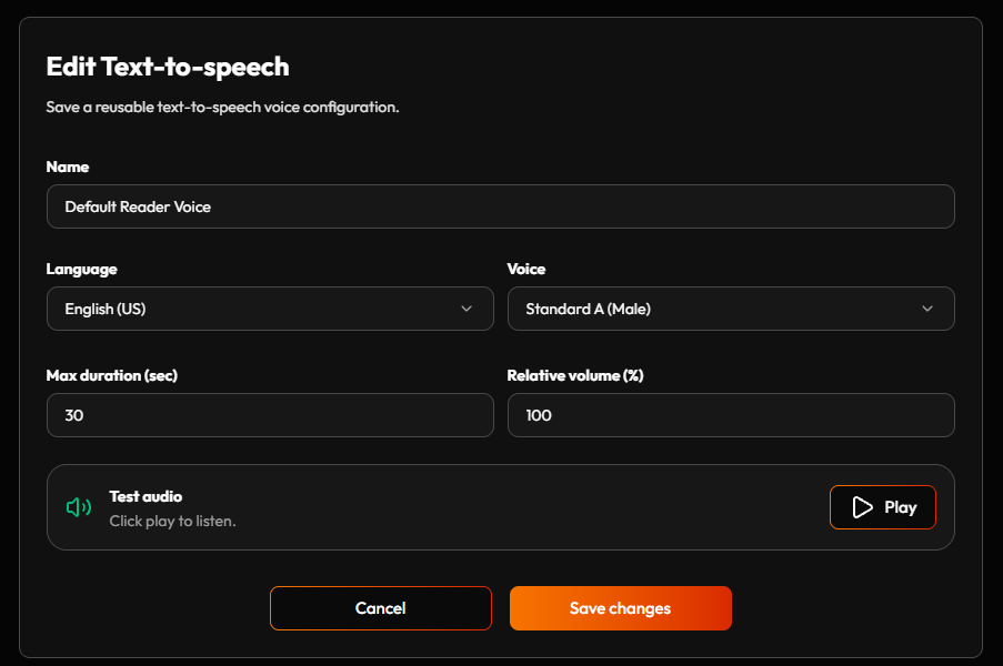 The Text-to-speech editor — Language, Voice, Max duration, Relative volume, and a Test audio Play button to hear it before saving