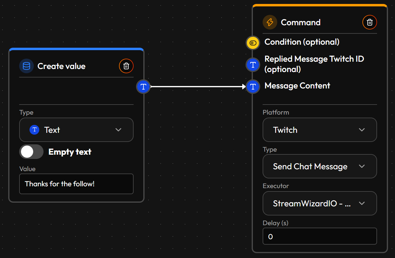 The finished "Follower Welcome" flow: a Create value (Text) node reading "Thanks for the follow!" wired into a Command action's Message Content input, Executor set to StreamWizardIO - Shared